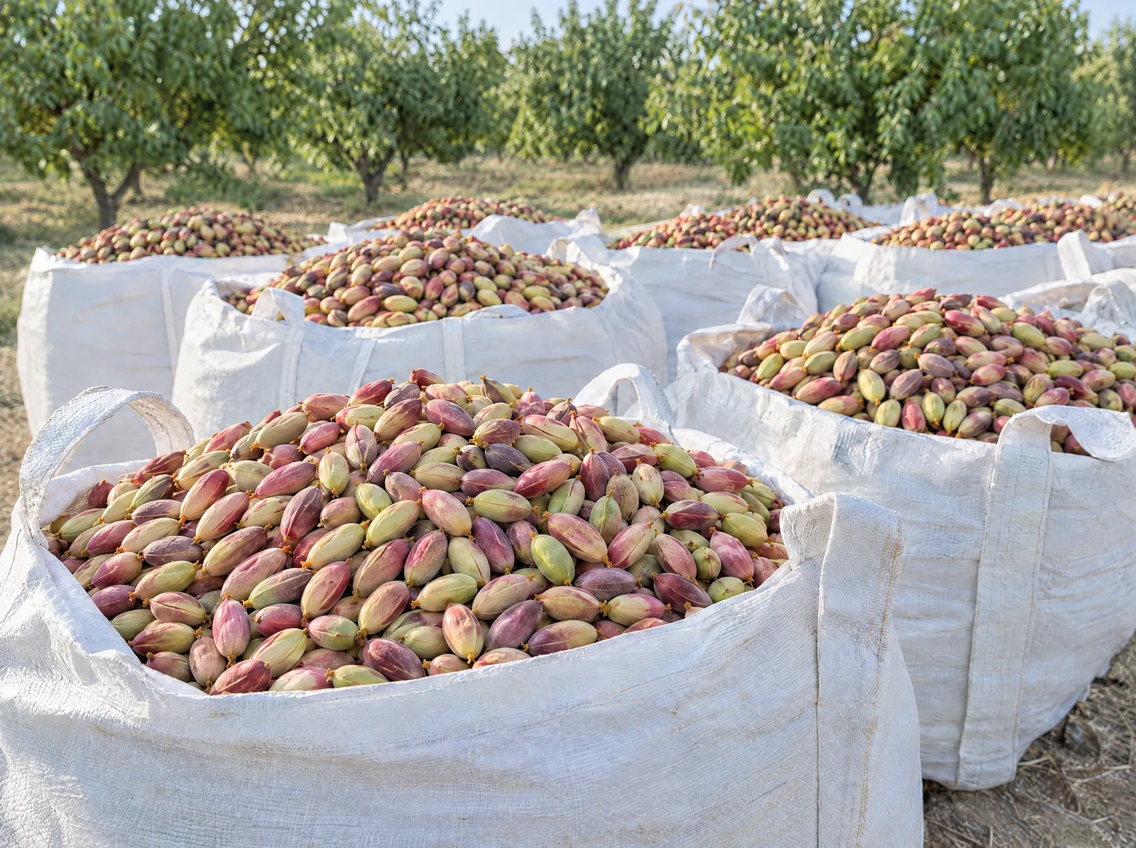 Fresh in-hull pistachios in bulk bags at harvest
